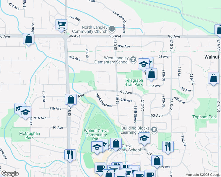 map of restaurants, bars, coffee shops, grocery stores, and more near 20979 93 Avenue in Langley Township