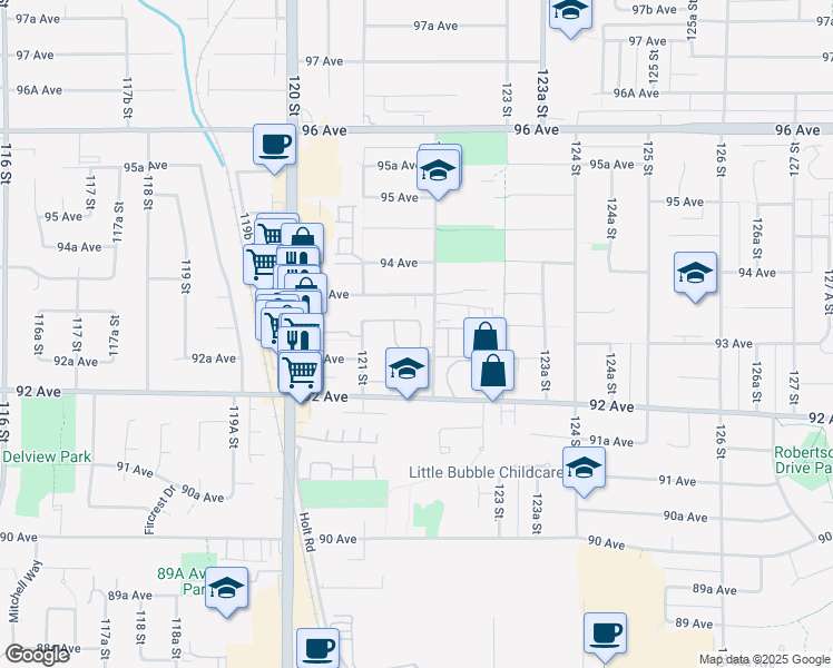 map of restaurants, bars, coffee shops, grocery stores, and more near 9271 122 Street in Surrey
