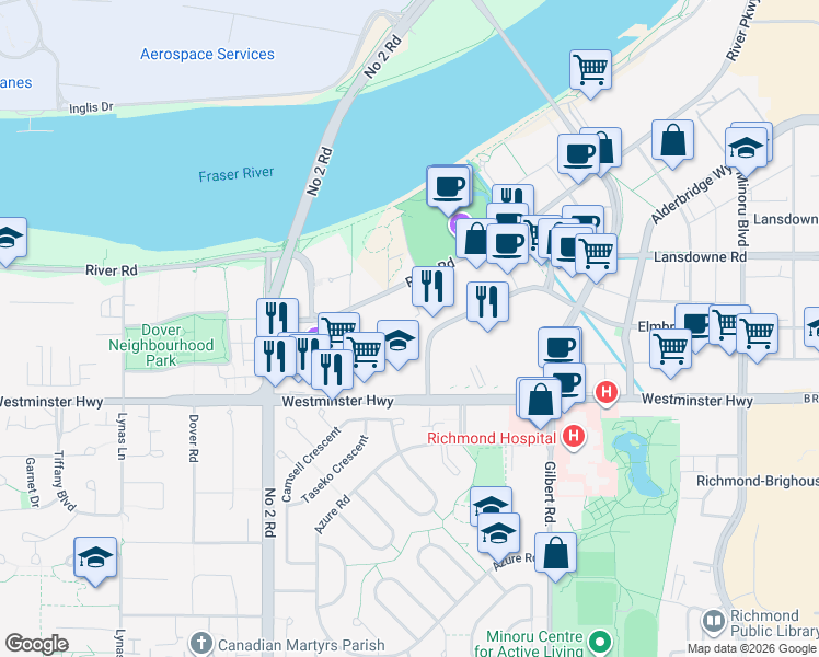 map of restaurants, bars, coffee shops, grocery stores, and more near 6651 Elmbridge Way in Richmond