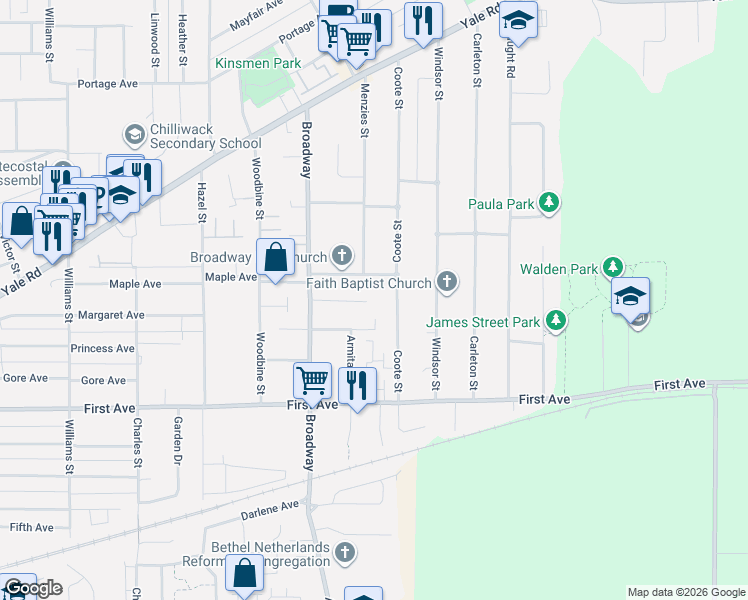 map of restaurants, bars, coffee shops, grocery stores, and more near 46675 Andrews Avenue in Chilliwack