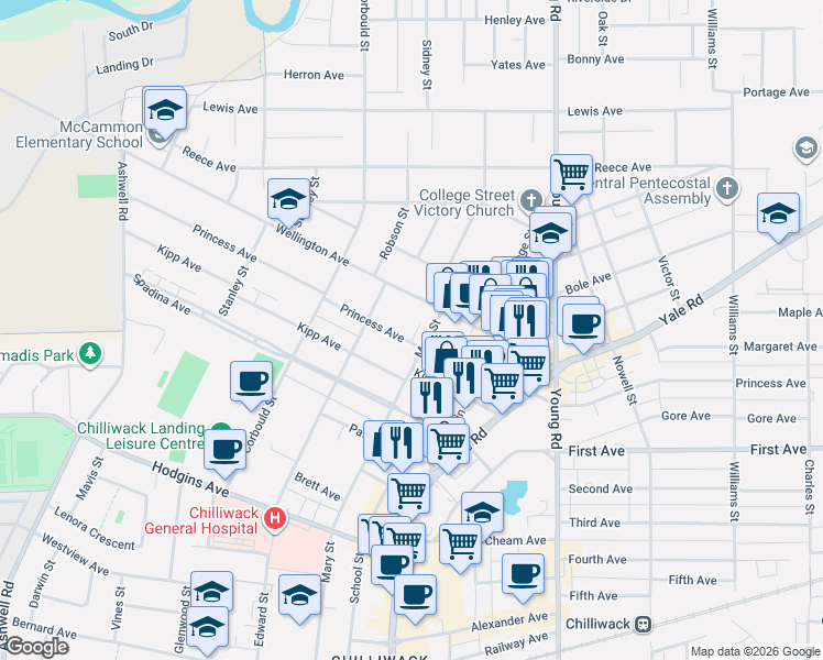 map of restaurants, bars, coffee shops, grocery stores, and more near 45745 Princess Avenue in Chilliwack