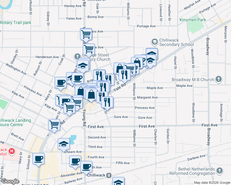 map of restaurants, bars, coffee shops, grocery stores, and more near 46274 Yale Road in Chilliwack