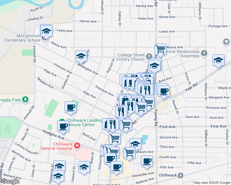 map of restaurants, bars, coffee shops, grocery stores, and more near 45744 Princess Avenue in Chilliwack