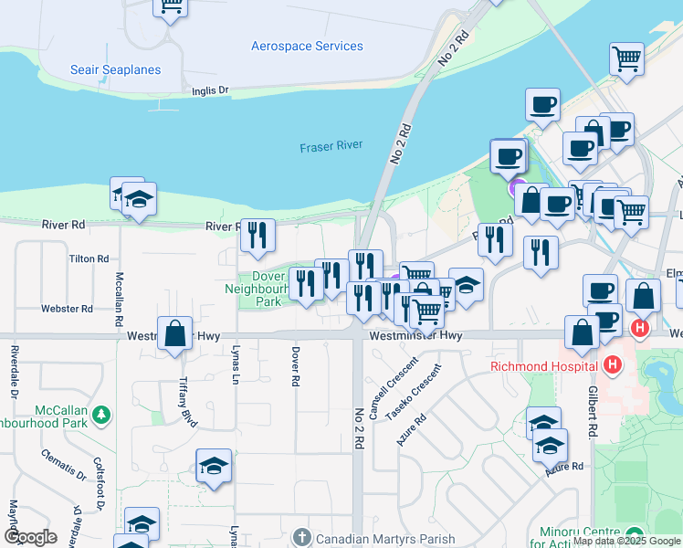 map of restaurants, bars, coffee shops, grocery stores, and more near 5840 Dover Crescent in Richmond