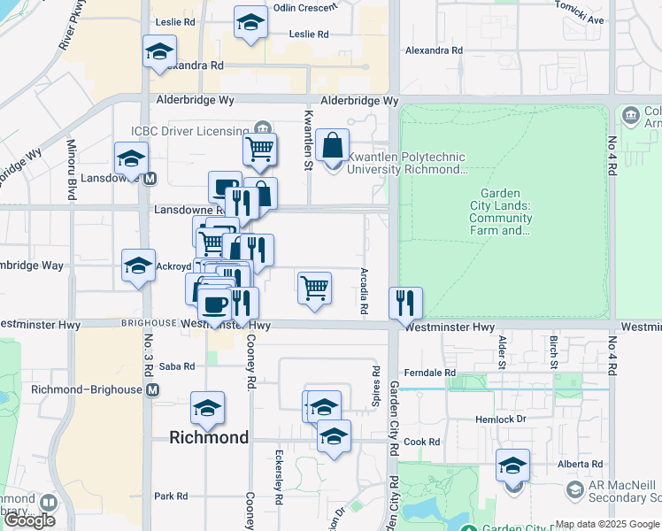 map of restaurants, bars, coffee shops, grocery stores, and more near 8651 Ackroyd Road in Richmond