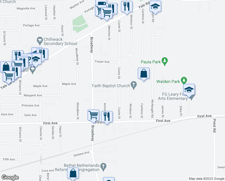 map of restaurants, bars, coffee shops, grocery stores, and more near 46675 Andrews Avenue in Chilliwack