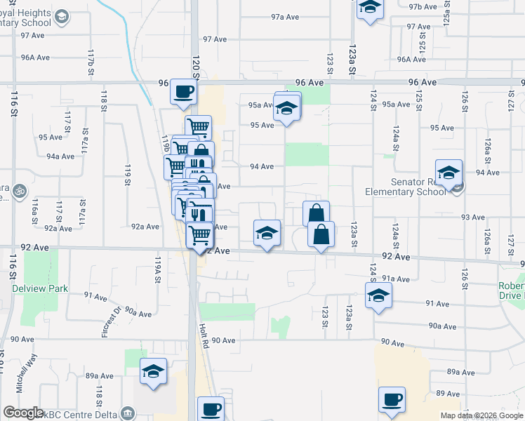 map of restaurants, bars, coffee shops, grocery stores, and more near 9273 122 Street in Surrey