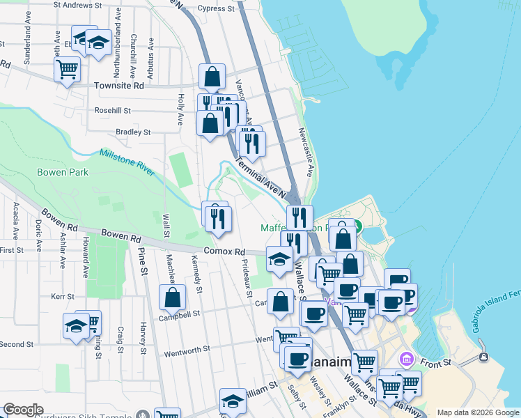 map of restaurants, bars, coffee shops, grocery stores, and more near 68 Mill Street in Nanaimo