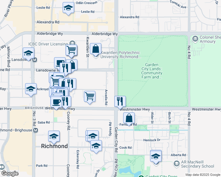 map of restaurants, bars, coffee shops, grocery stores, and more near 5560 Arcadia Road in Richmond