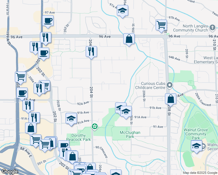 map of restaurants, bars, coffee shops, grocery stores, and more near 9318 205 Street in Langley