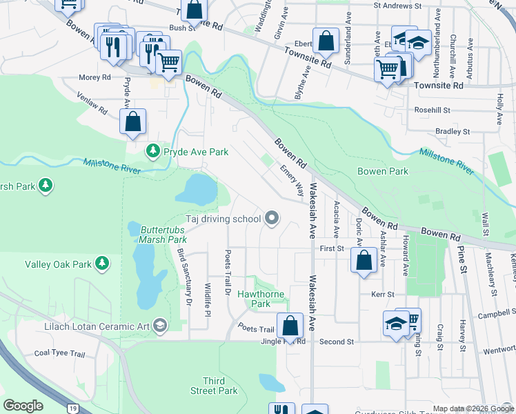 map of restaurants, bars, coffee shops, grocery stores, and more near Menzies Ridge Drive in Nanaimo