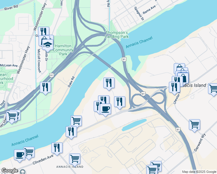 map of restaurants, bars, coffee shops, grocery stores, and more near 1 Cliveden Place in Delta