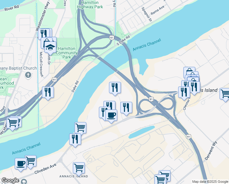map of restaurants, bars, coffee shops, grocery stores, and more near 1 Cliveden Place in Delta