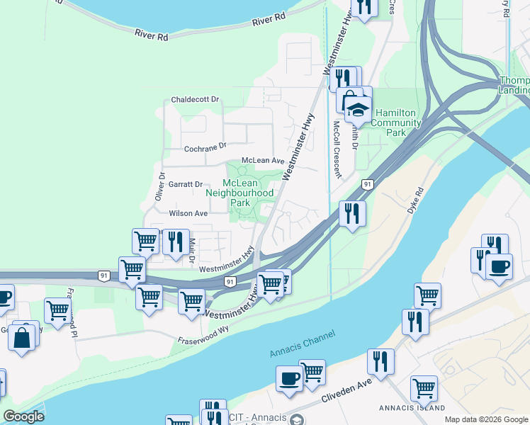 map of restaurants, bars, coffee shops, grocery stores, and more near 22551 Westminster Highway in Richmond