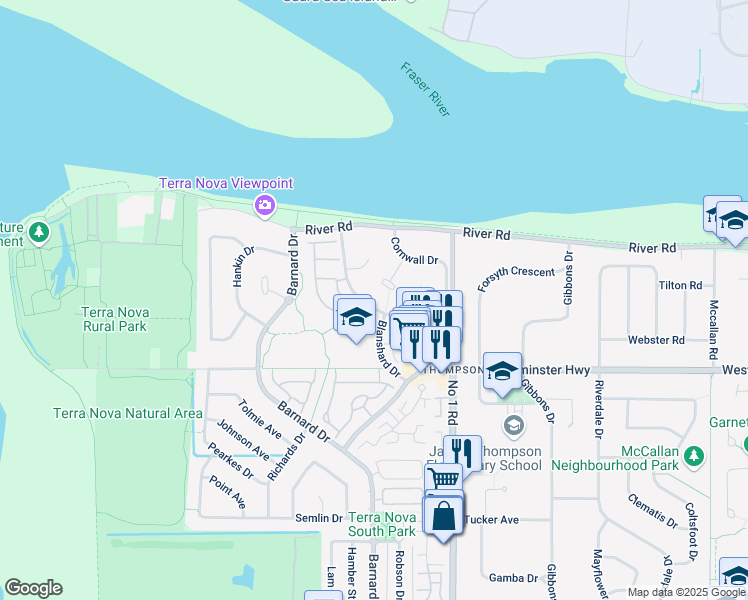 map of restaurants, bars, coffee shops, grocery stores, and more near 5544 Cornwall Drive in Richmond