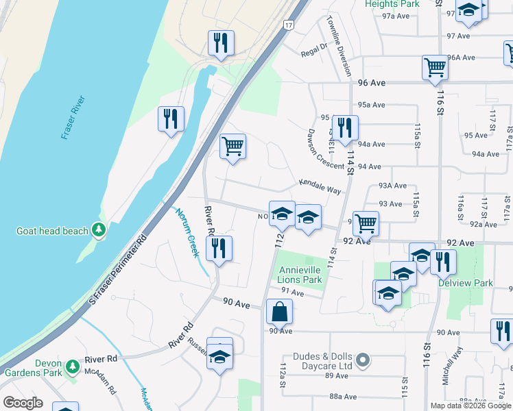 map of restaurants, bars, coffee shops, grocery stores, and more near 11199 92A Avenue in Delta