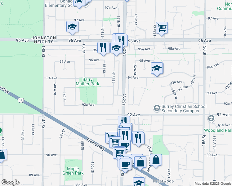 map of restaurants, bars, coffee shops, grocery stores, and more near 15159 93 Avenue in Surrey