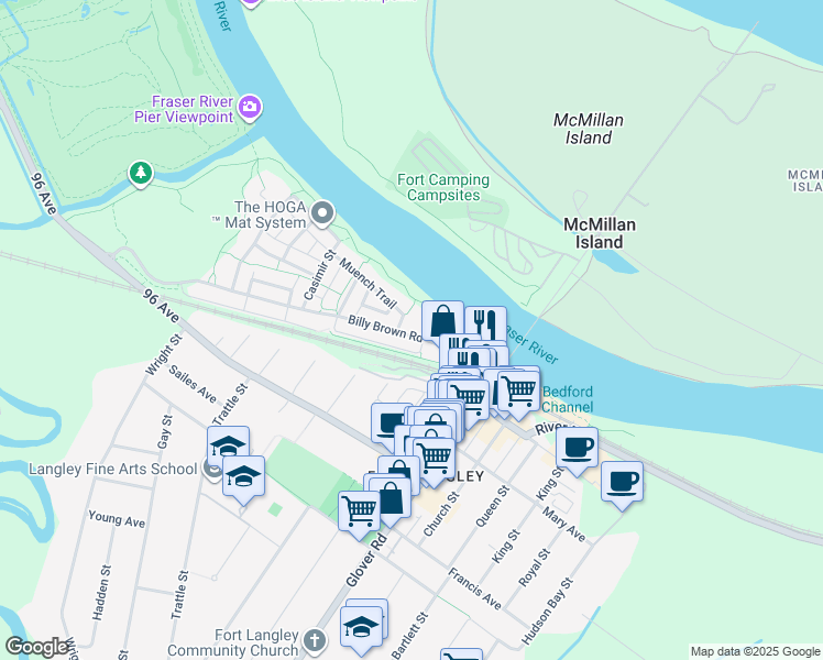 map of restaurants, bars, coffee shops, grocery stores, and more near in Langley Township