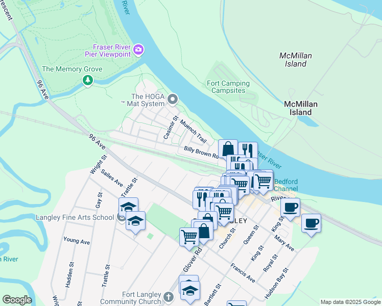 map of restaurants, bars, coffee shops, grocery stores, and more near 23110 Billy Brown Road in Langley Township