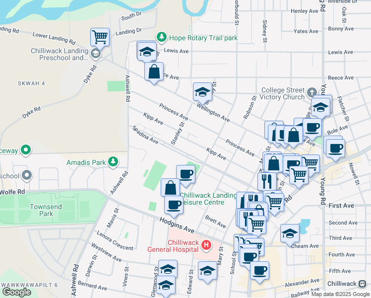 map of restaurants, bars, coffee shops, grocery stores, and more near 45535 Spadina Avenue in Chilliwack