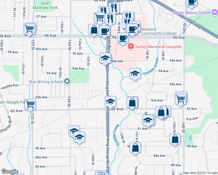 map of restaurants, bars, coffee shops, grocery stores, and more near 9310 King George Highway in Surrey