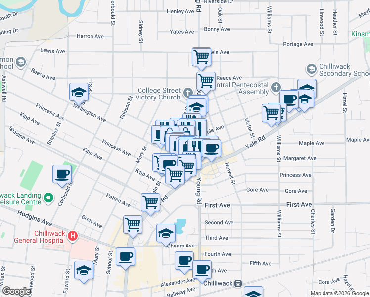 map of restaurants, bars, coffee shops, grocery stores, and more near 9369 Mill Street in Chilliwack