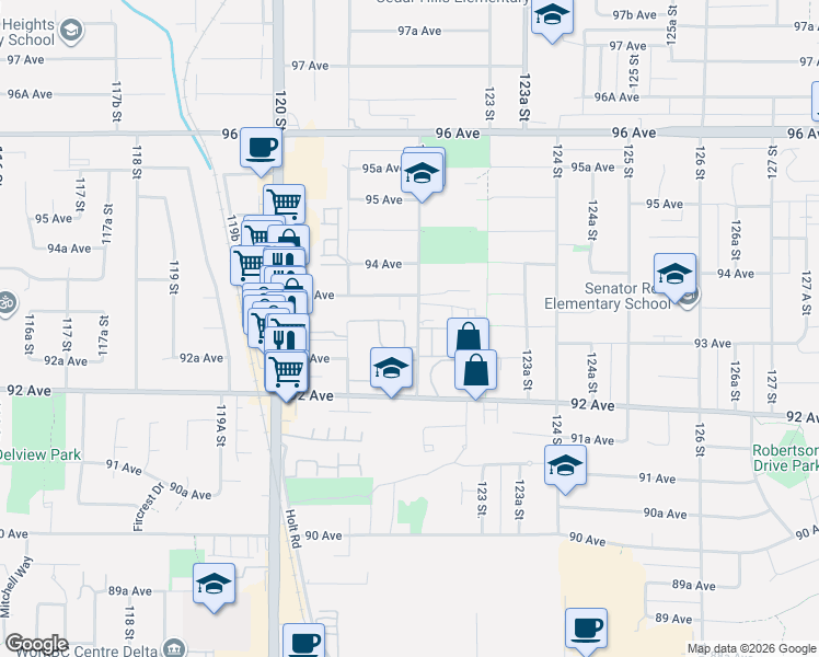 map of restaurants, bars, coffee shops, grocery stores, and more near 9265 122 Street in Surrey