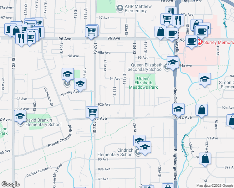 map of restaurants, bars, coffee shops, grocery stores, and more near 9318 133 Street in Surrey