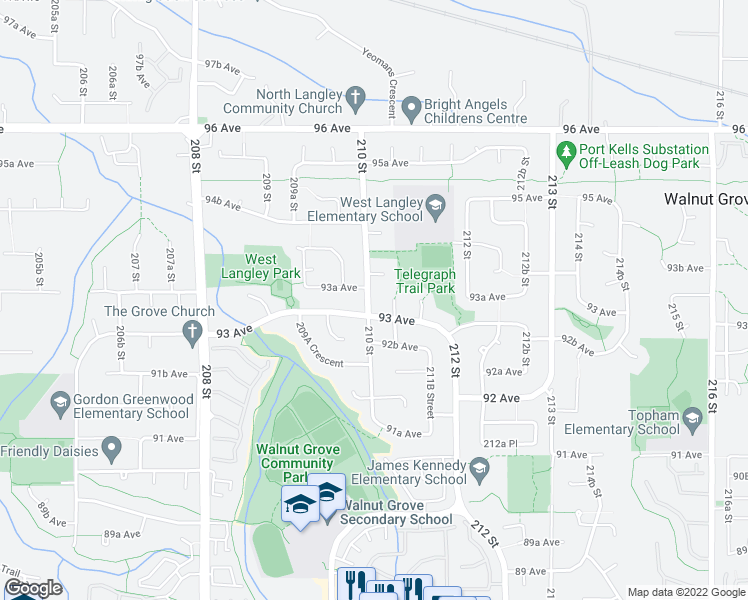 map of restaurants, bars, coffee shops, grocery stores, and more near 9320 210 Street in Langley