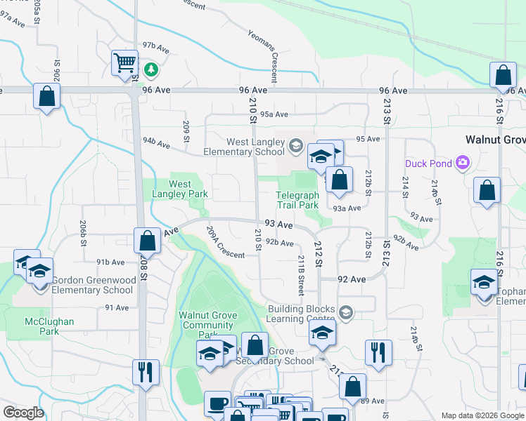 map of restaurants, bars, coffee shops, grocery stores, and more near 9320 210 Street in Langley City
