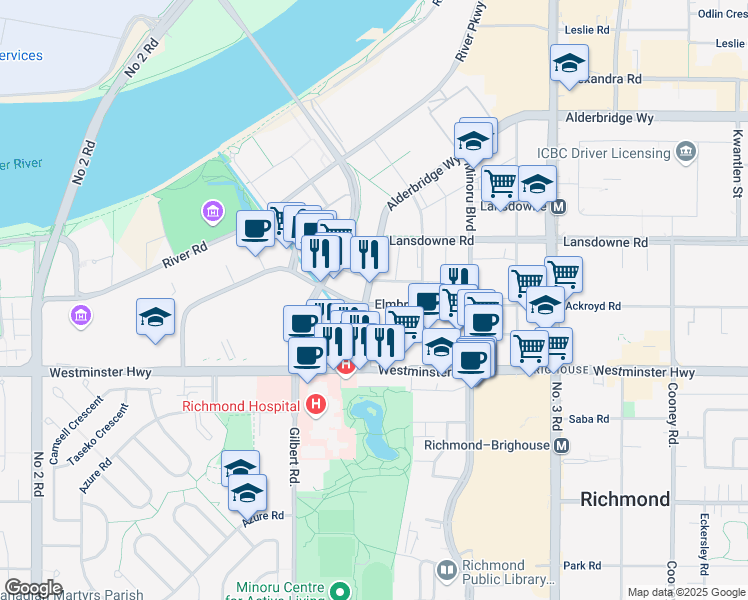 map of restaurants, bars, coffee shops, grocery stores, and more near 7117 Elmbridge Way in Richmond