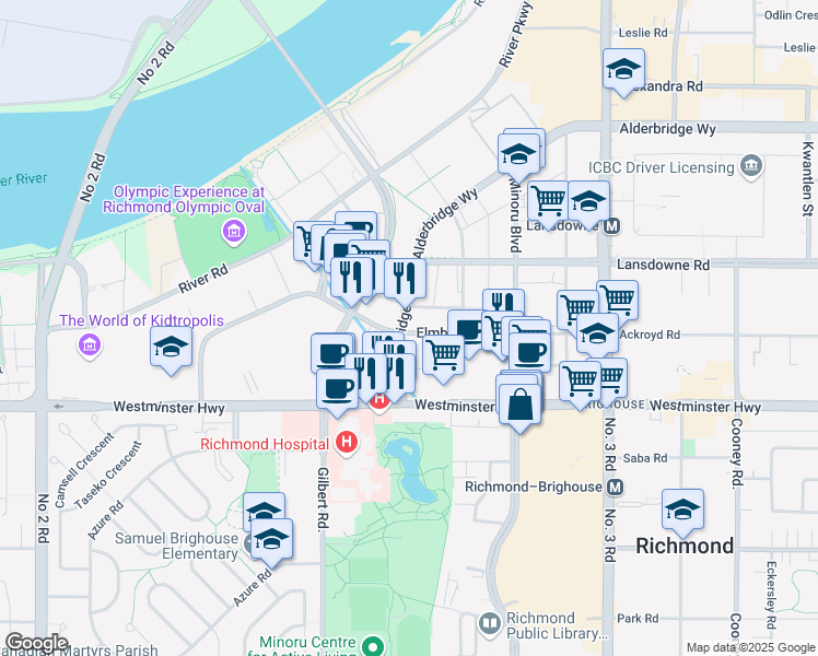 map of restaurants, bars, coffee shops, grocery stores, and more near 7117 Elmbridge Way in Richmond