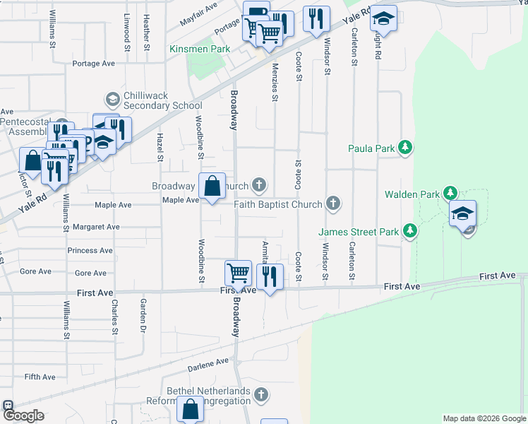 map of restaurants, bars, coffee shops, grocery stores, and more near 46637 Andrews Avenue in Chilliwack