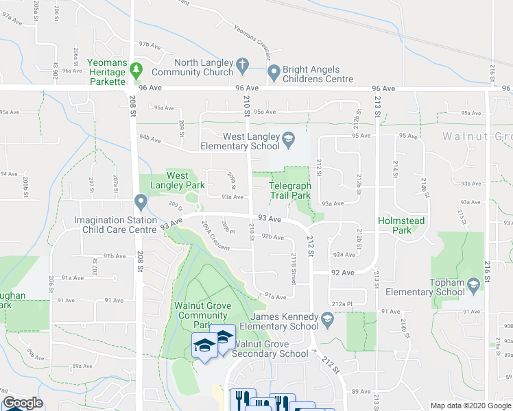 map of restaurants, bars, coffee shops, grocery stores, and more near 9320 210 Street in Langley City