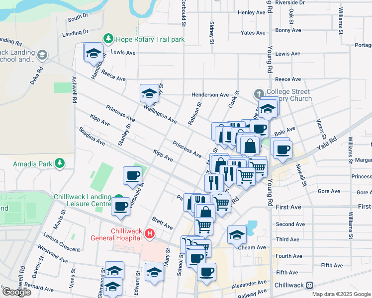 map of restaurants, bars, coffee shops, grocery stores, and more near 45720 Princess Avenue in Chilliwack