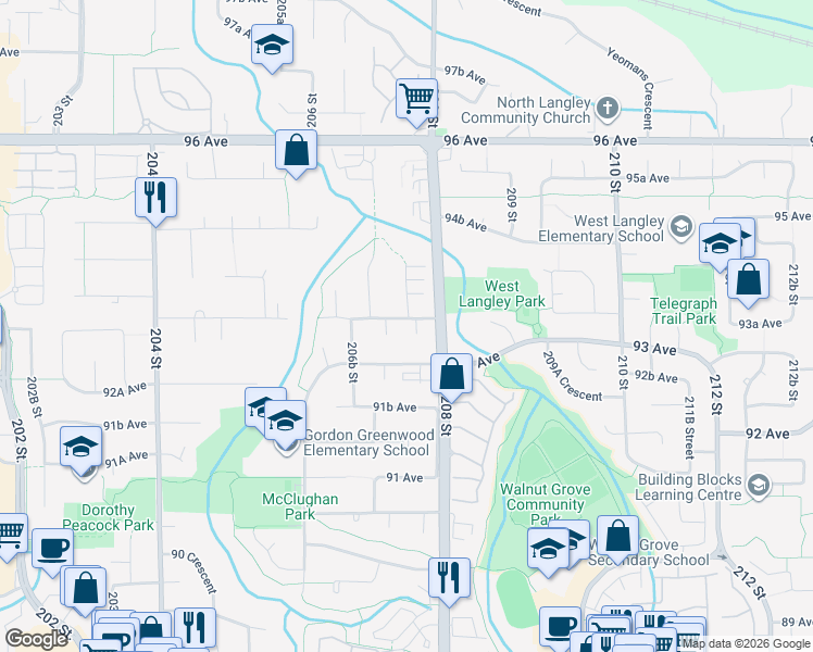 map of restaurants, bars, coffee shops, grocery stores, and more near 9329 207A Street in Langley Township