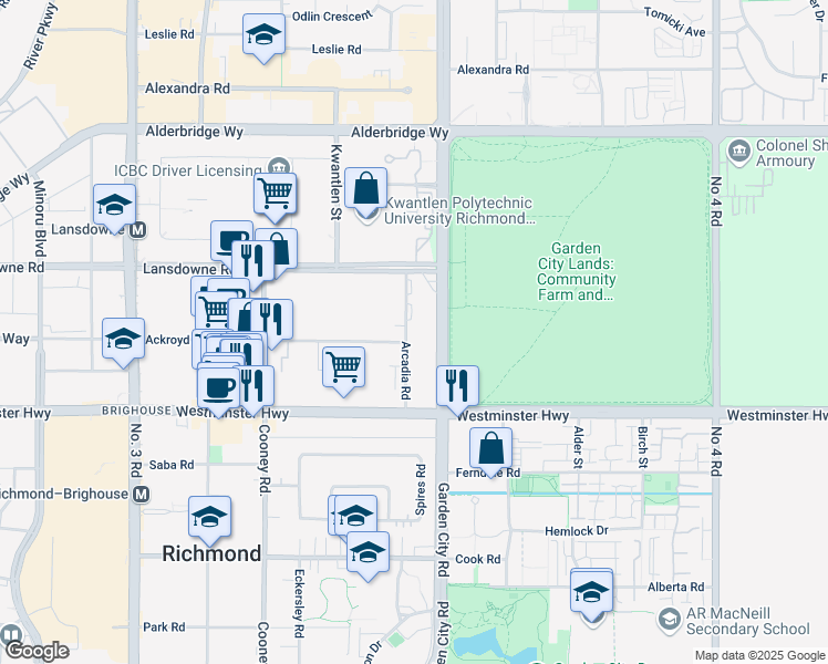 map of restaurants, bars, coffee shops, grocery stores, and more near 5560 Arcadia Road in Richmond