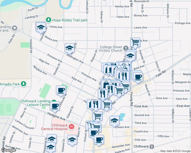 map of restaurants, bars, coffee shops, grocery stores, and more near 45744 Princess Avenue in Chilliwack