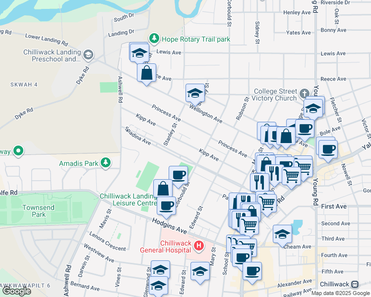 map of restaurants, bars, coffee shops, grocery stores, and more near 45577 Spadina Avenue in Chilliwack