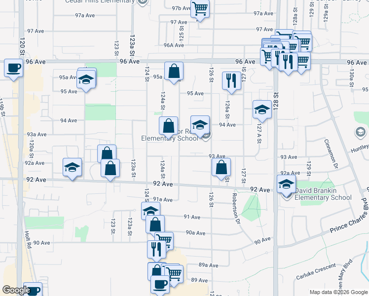 map of restaurants, bars, coffee shops, grocery stores, and more near 9316 125 Street in Surrey