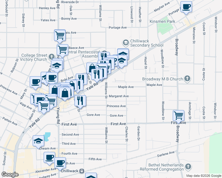 map of restaurants, bars, coffee shops, grocery stores, and more near 46220 Maple Avenue in Chilliwack