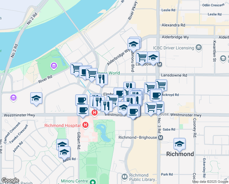 map of restaurants, bars, coffee shops, grocery stores, and more near in Richmond