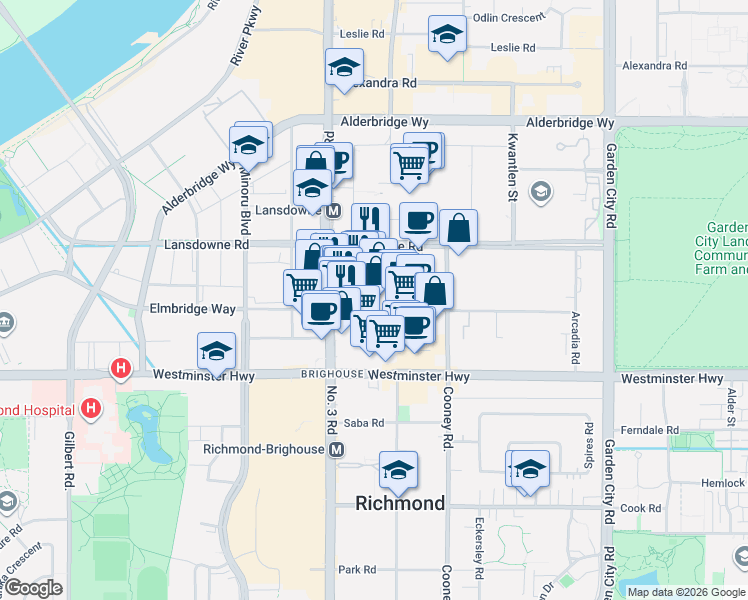 map of restaurants, bars, coffee shops, grocery stores, and more near 8171 Ackroyd Road in Richmond