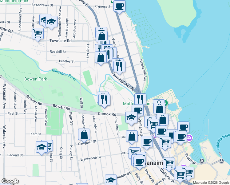 map of restaurants, bars, coffee shops, grocery stores, and more near 77 Mill Street in Nanaimo