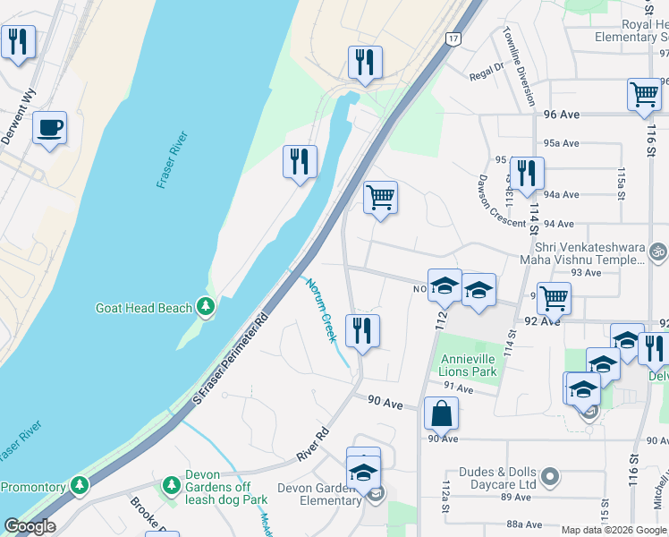 map of restaurants, bars, coffee shops, grocery stores, and more near 11083 River Road in Delta