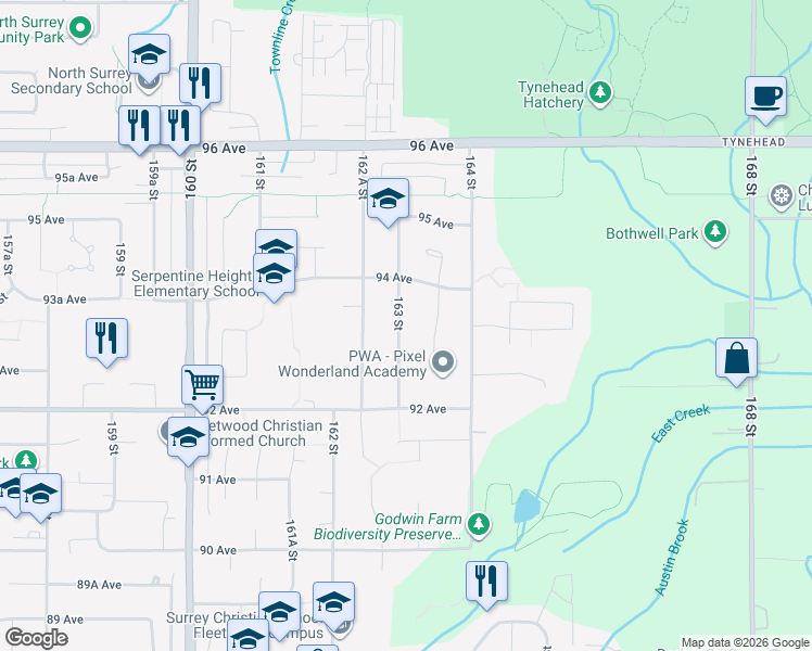 map of restaurants, bars, coffee shops, grocery stores, and more near 9352 163 Street in Surrey