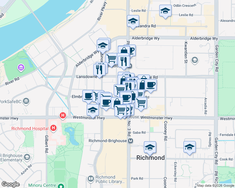 map of restaurants, bars, coffee shops, grocery stores, and more near in Richmond
