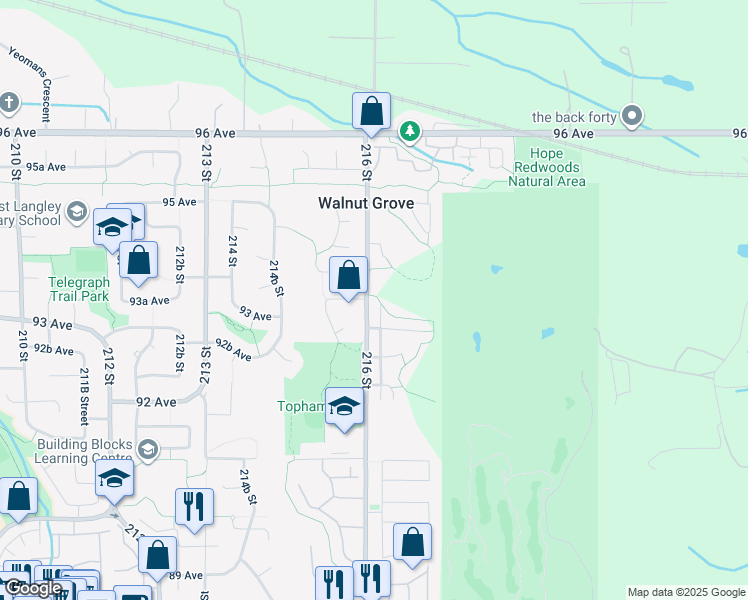 map of restaurants, bars, coffee shops, grocery stores, and more near 9346 216 Street in Langley Township