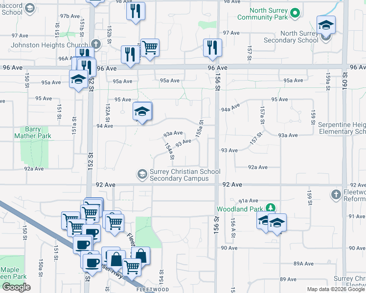 map of restaurants, bars, coffee shops, grocery stores, and more near 15496 93 Avenue in Surrey