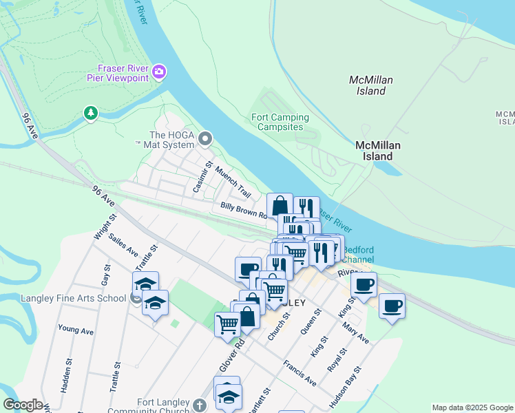 map of restaurants, bars, coffee shops, grocery stores, and more near 23215 Billy Brown Road in Langley Township